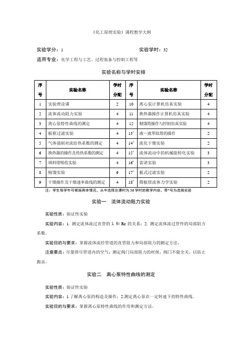 化工原理实验教学大纲