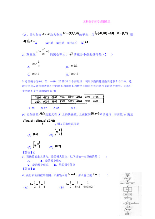 河南洛阳中成外国语学校2015高考数学(文)复习：试题重组(Word版含答案)