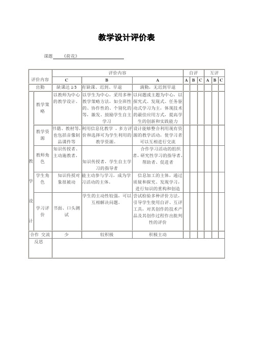 教学设计评价量规表