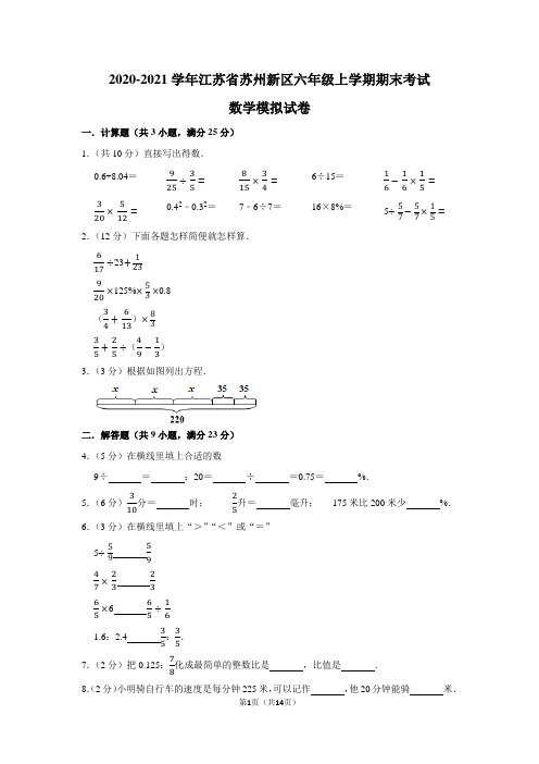 2020-2021学年江苏省苏州新区六年级上学期期末考试数学模拟试卷及答案解析