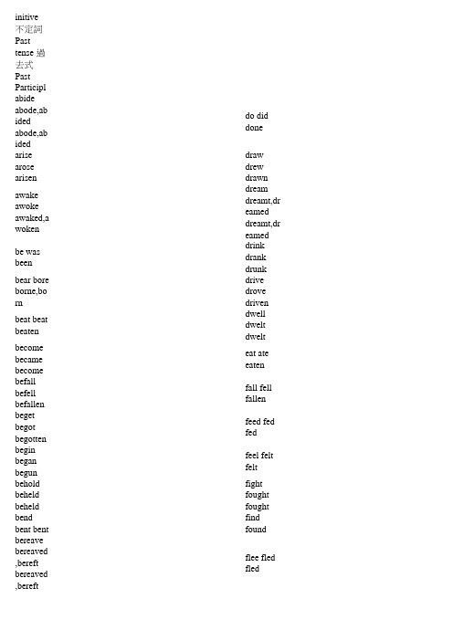Infinitive 不定词  Past tense 过去式  Past Participle 过去分词