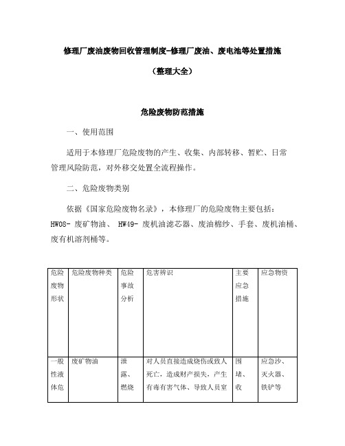 修理厂废油废物回收管理制度-修理厂废油、废电池等处置措施