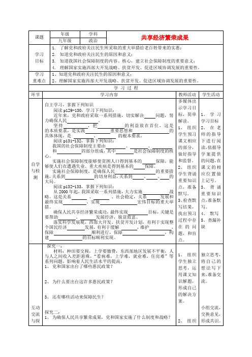 江苏连云港东海县平明镇中学九年级政治全册 第10课第三框《共享经济繁荣成果》学案(无答案) 苏教版