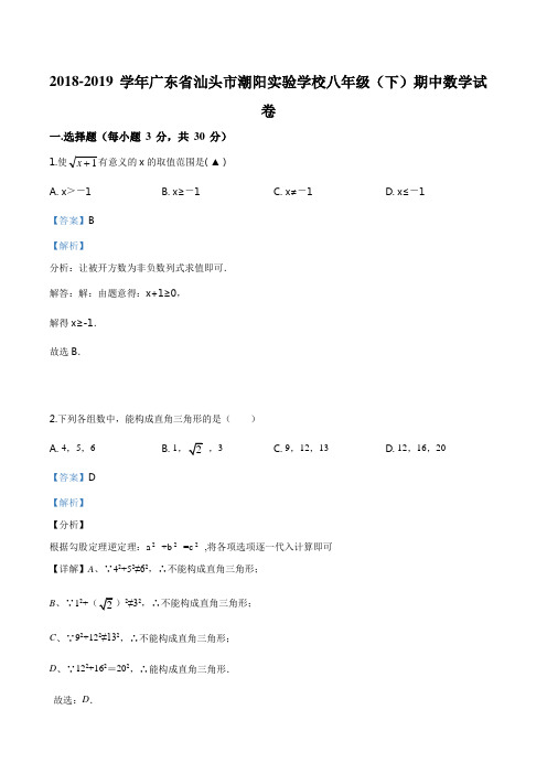 广东省汕头市潮阳实验学校2018-2019学年八年级下学期期中考试数学试题(解析版)