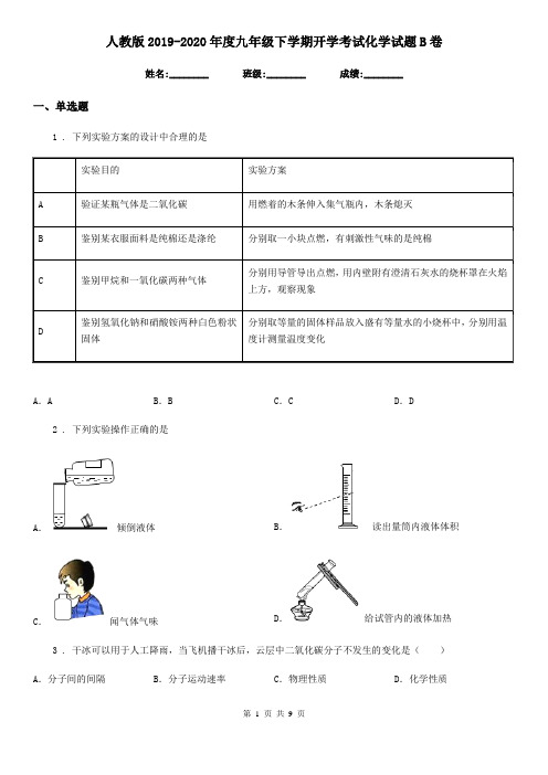 人教版2019-2020年度九年级下学期开学考试化学试题B卷