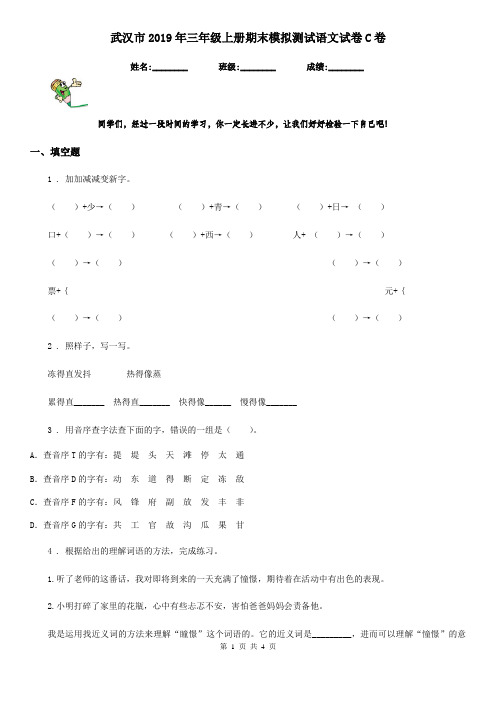 武汉市2019年三年级上册期末模拟测试语文试卷C卷