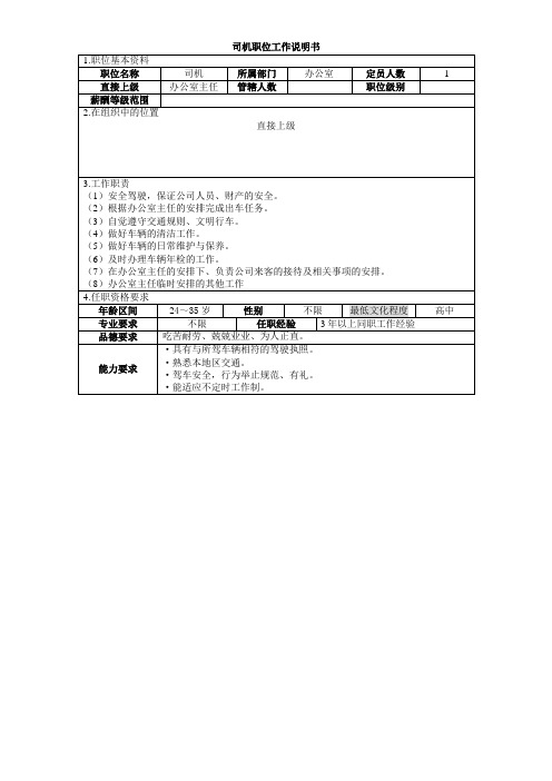 房地产公司司机职位工作说明书模版