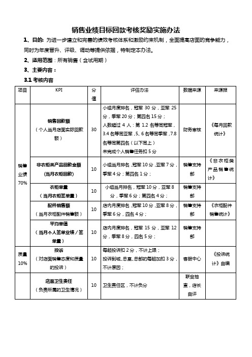 销售业绩目标回款考核奖励实施办法