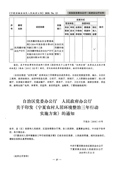 自治区党委办公厅 人民政府办公厅关于印发《宁夏农村人居环境整治三年行动实施方案》的通知
