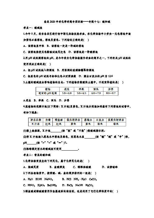 备战2020中考化学考题专项训练——专题十七：酸和碱