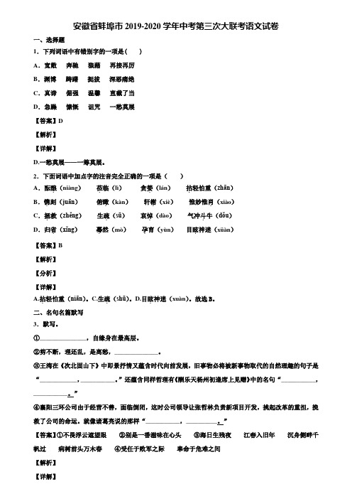 安徽省蚌埠市2019-2020学年中考第三次大联考语文试卷含解析
