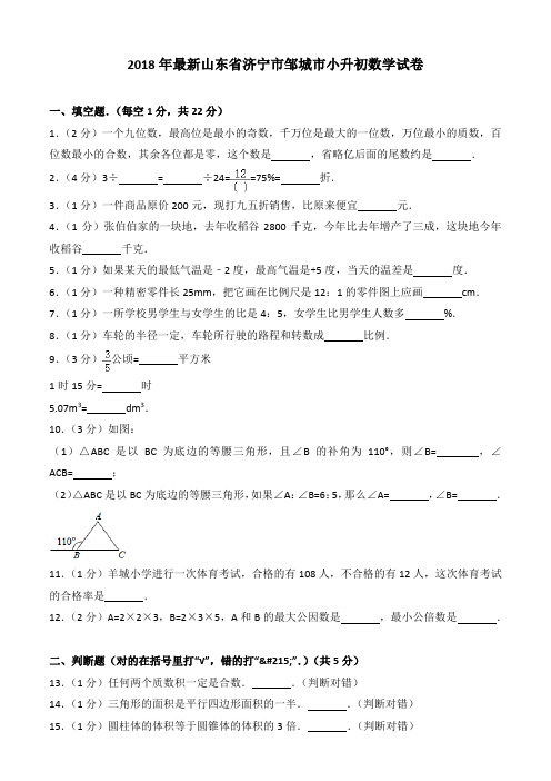 2018年最新山东省济宁市邹城市小升初数学试卷