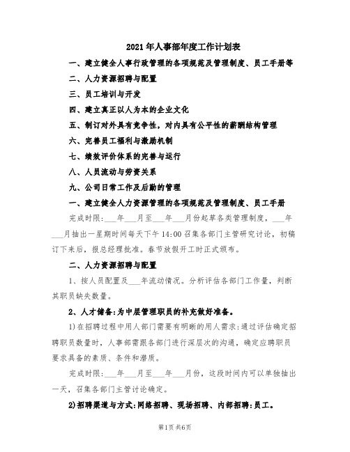 2021年人事部年度工作计划表(模板)