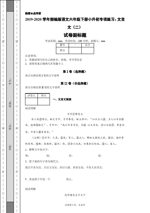 2019-2020学年部编版语文六年级下册小升初专项练习：文言文(二)