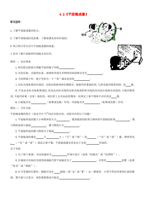 八年级物理上册4_3平面镜成像导学稿无答案新版新人教版