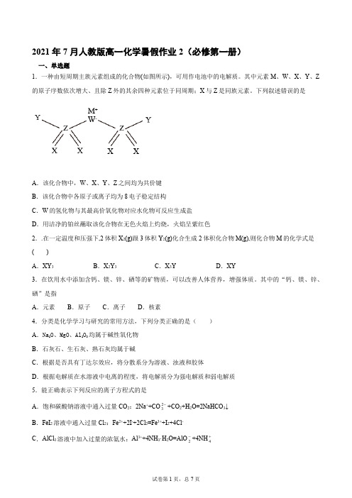 2021年7月人教版高一化学暑假作业2及详细解答(必修第一册模块)