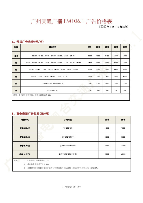 广州交通广播F2020年广告刊例