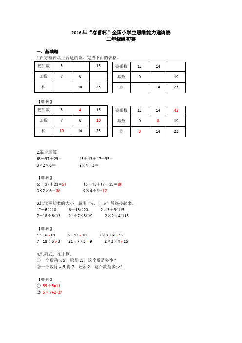 2016年“春蕾杯”全国小学生思维能力邀请赛