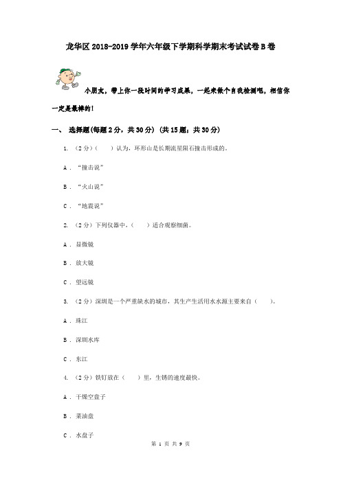 龙华区2018-2019学年六年级下学期科学期末考试试卷B卷