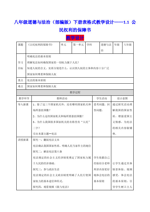 八年级道德与法治(部编版)下册表格式教学设计——1.1 公民权利的保障书