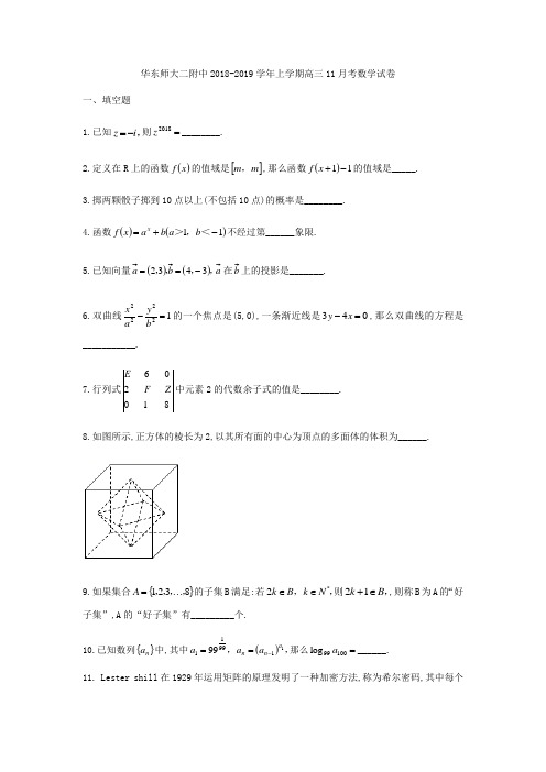 上海市华东师大第二附属中学2018-2019学年高三上11月考数学试题(无答案)