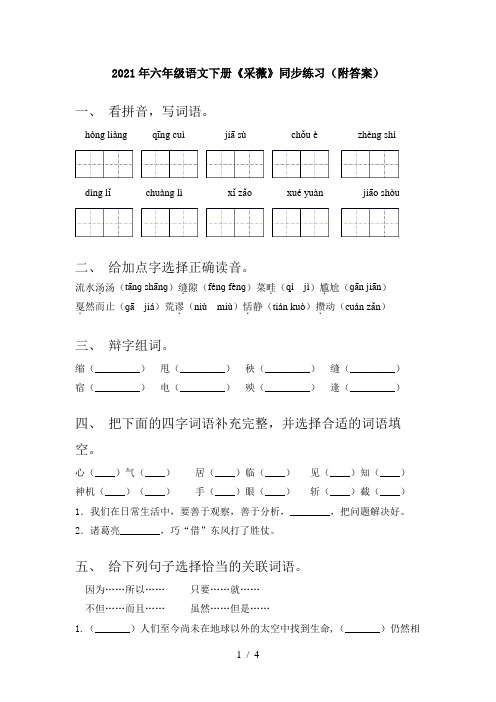 2021年六年级语文下册《采薇》同步练习(附答案)