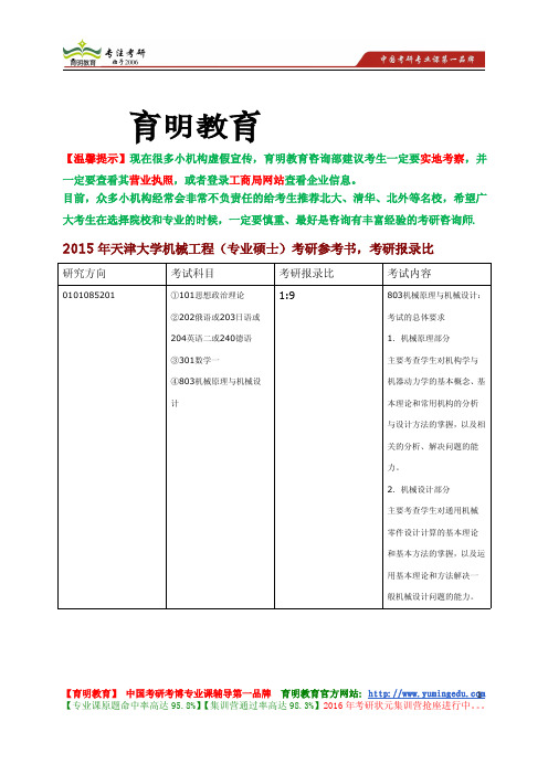 2015年天津大学机械工程(专业硕士)考研参考书,考研招生人数,考研经验