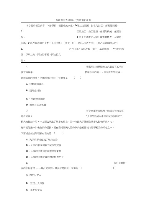部编人教版九年级历史上册专题训练2封建时代的欧洲和亚洲
