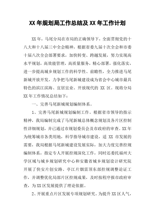 XX年规划局工作总结及XX年工作计划