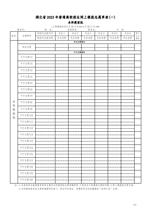 湖北省2023年普通高校招生网上填报志愿草表