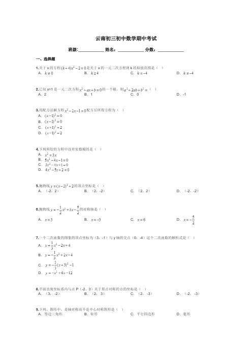 云南初三初中数学期中考试带答案解析
