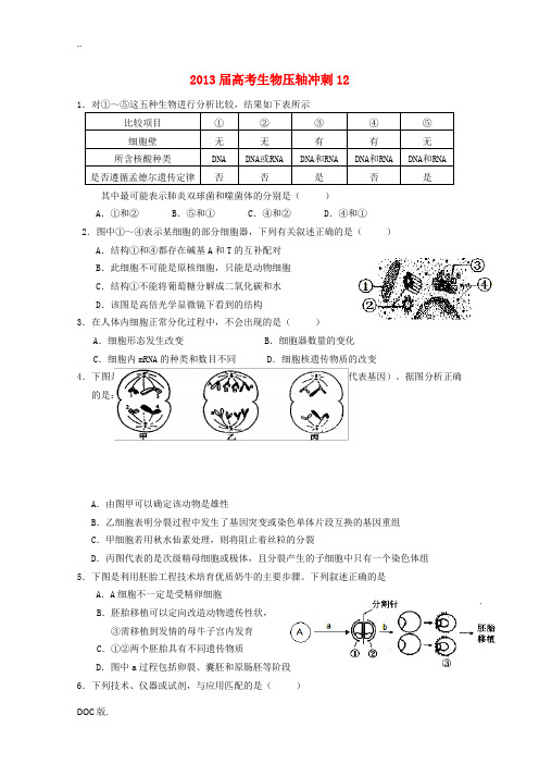 2013届高考生物 压轴冲刺12 新人教版