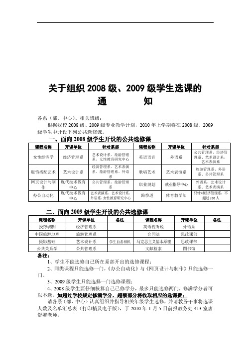 关于组织2008级、2009级学生选课的通知【模板】