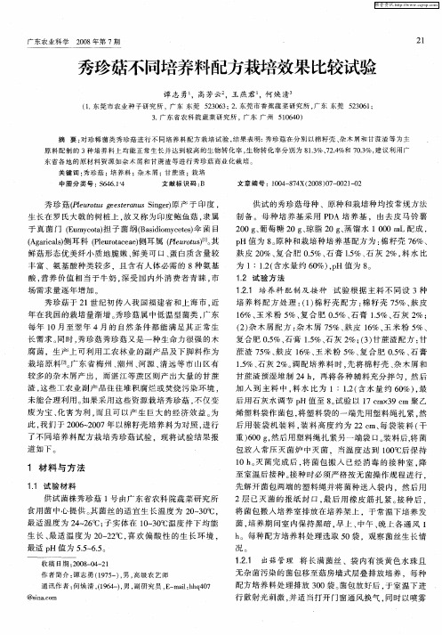 秀珍菇不同培养料配方栽培效果比较试验