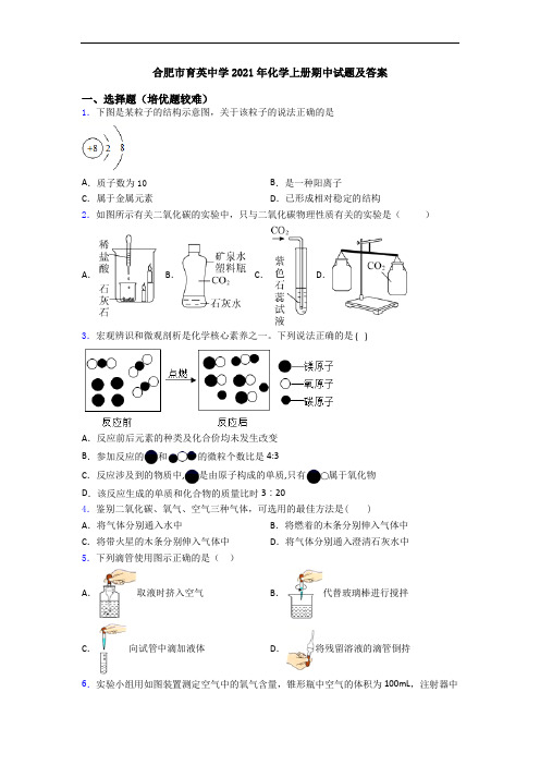 合肥市育英中学2021年初三化学上册期中试题及答案
