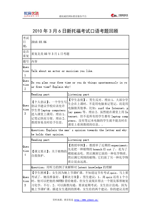 2010年3月6日新托福考试口语考题回顾