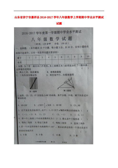 山东省济宁市嘉祥县八年级数学上学期期中学业水平测试