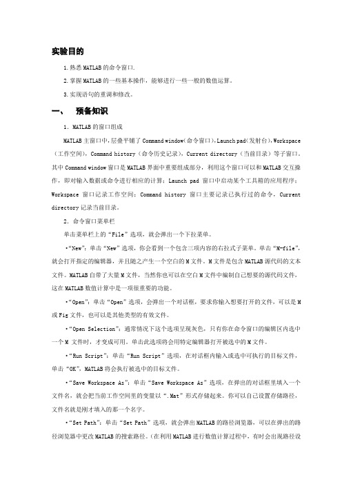Matlab实验报告(一)基本操作和简单语句的输入