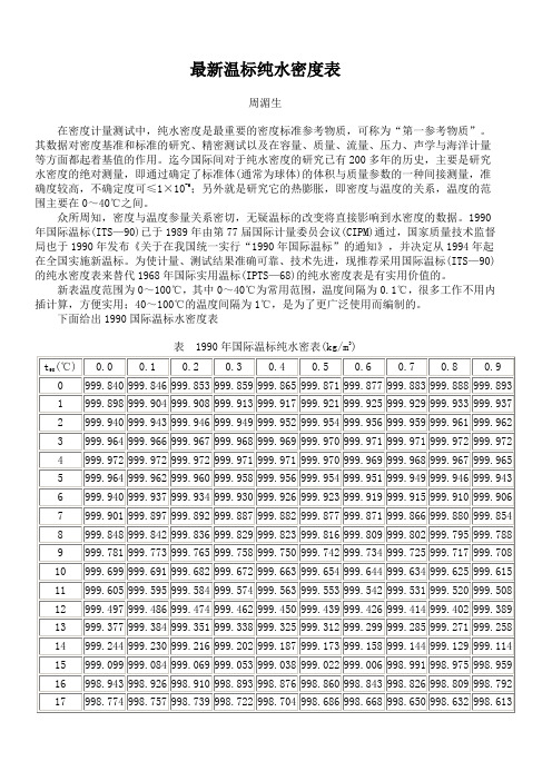 最新温标纯水密度表