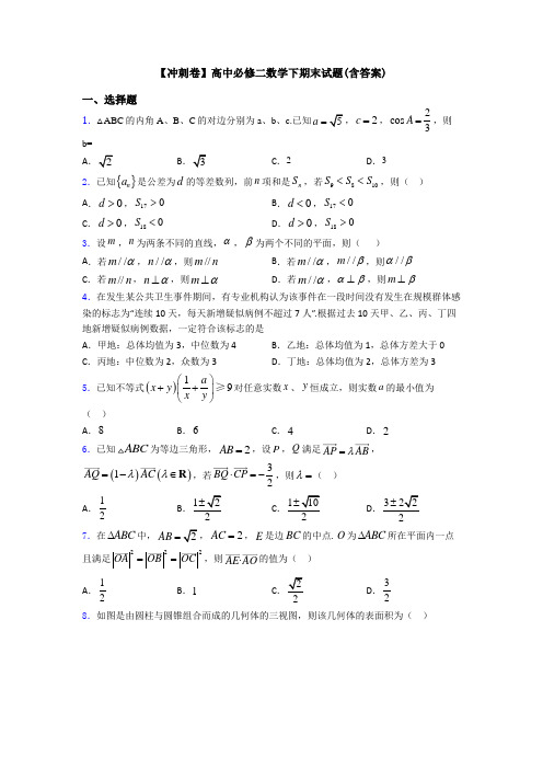 【冲刺卷】高中必修二数学下期末试题(含答案)