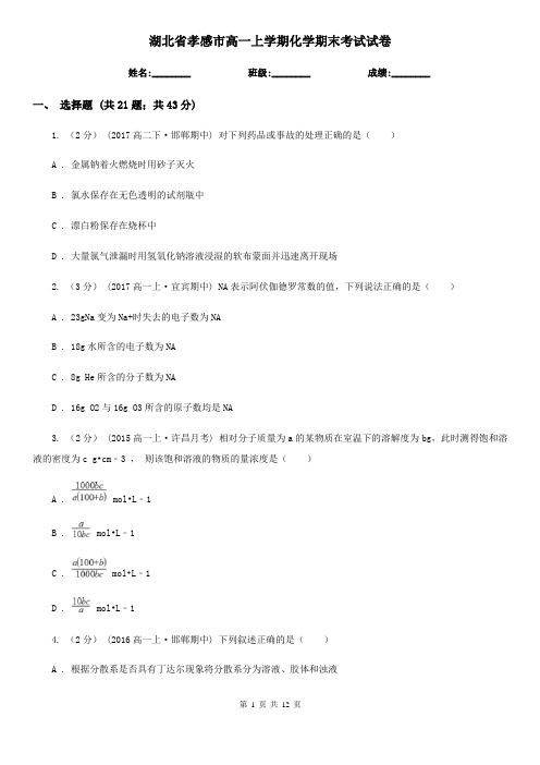 湖北省孝感市高一上学期化学期末考试试卷