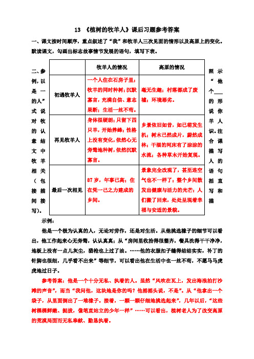 (统编)部编新教材七年级语文上册-13 《植树的牧羊人》课后习题参考答案