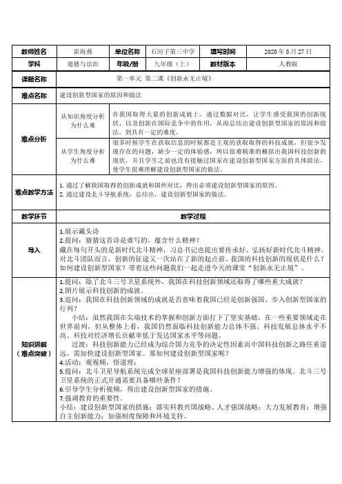 创新永无止境  初中九年级道德与法治教案教学设计课后反思 人教版