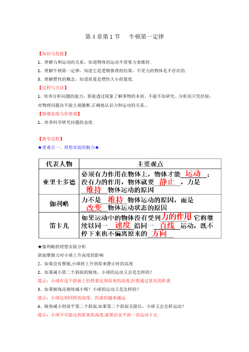高中物理：人教版高中物理必修1 第4章第1节 牛顿第一定律(教案)  
