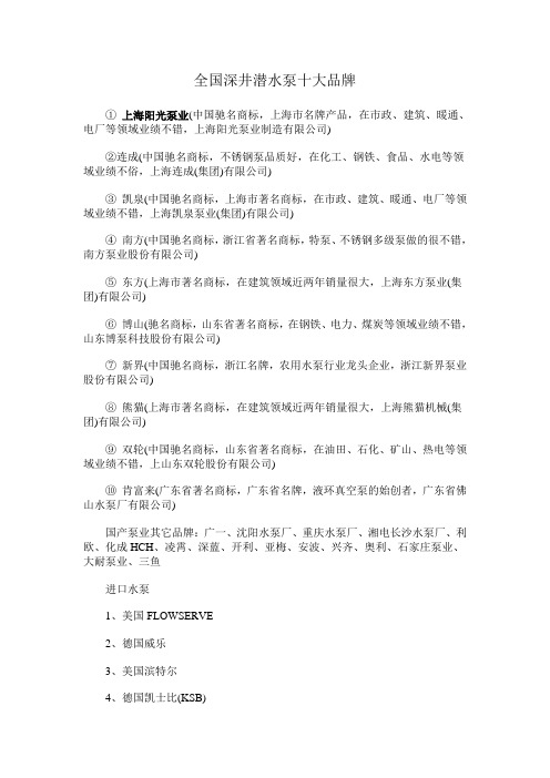 全国深井潜水泵十大品牌