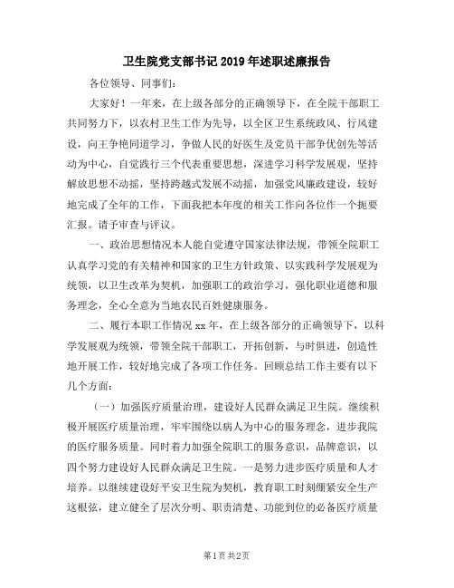 卫生院党支部书记2019年述职述廉报告