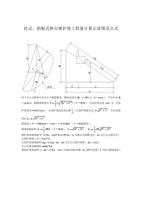 柱式、肋板式桥台锥护坡工程量计算示意图及计算公式