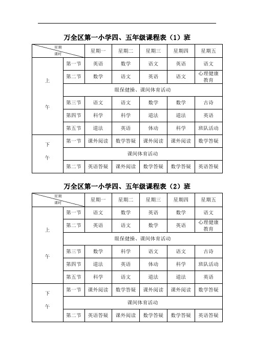 万全区第一小学复学后四、五年级课程表