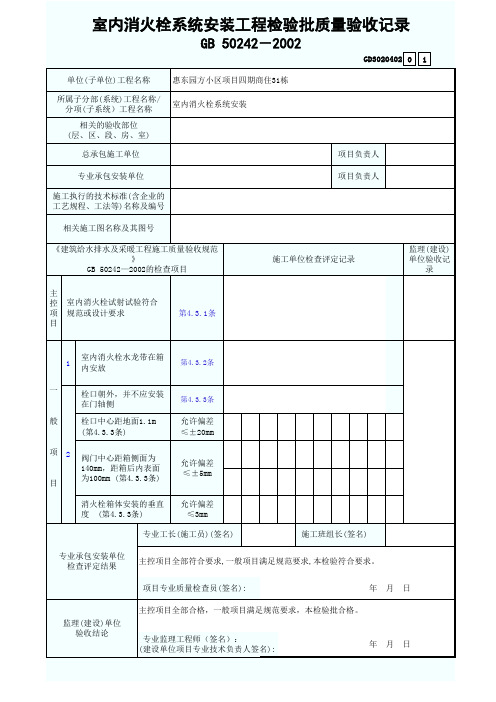 室内消火栓系统安装工程检验批质量验收记录