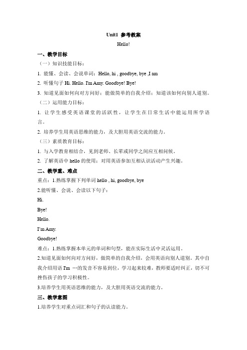 外研版小学英语(一年级起点)上册Module 1 Unit1 参考教案